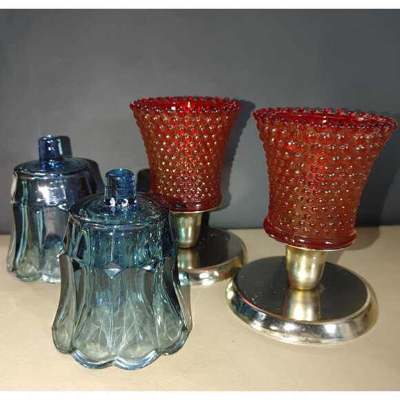 Candle Glass Red Hobnail Blue Tulip Scallop Peg Sconce Votive Holders Gold Base - Picture 5 of 11